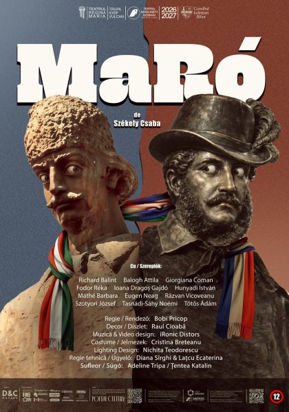 Theater poster featuring two sculpted busts wearing colorful scarves against a blue/brown split backdrop, with large title and credits above and below.