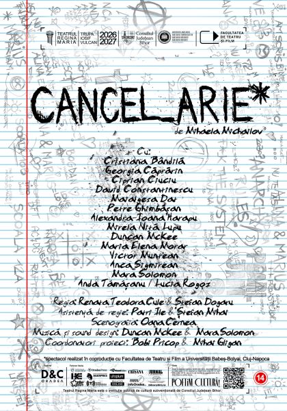 Poster for a theater performance titled 'GANGEL ARE' by Mihaela Michailov, with a list of cast members, on a blue notebook-paper background filled with doodles and sponsor logos along the top.