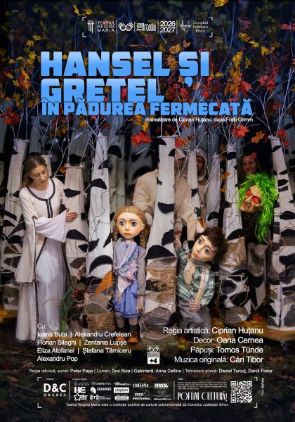 Poster for the play 'Hansel și Gretel în pădurea fermecată' featuring life-size puppets and costumed performers among tall white trees with autumn leaves and blue title text.