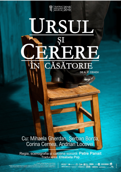 Poster for a theater show featuring a man in black pants stepping on a wooden chair; large white Romanian title 'URSUL SI CERERE IN CASATORIE' dominates the image with credits at the bottom.