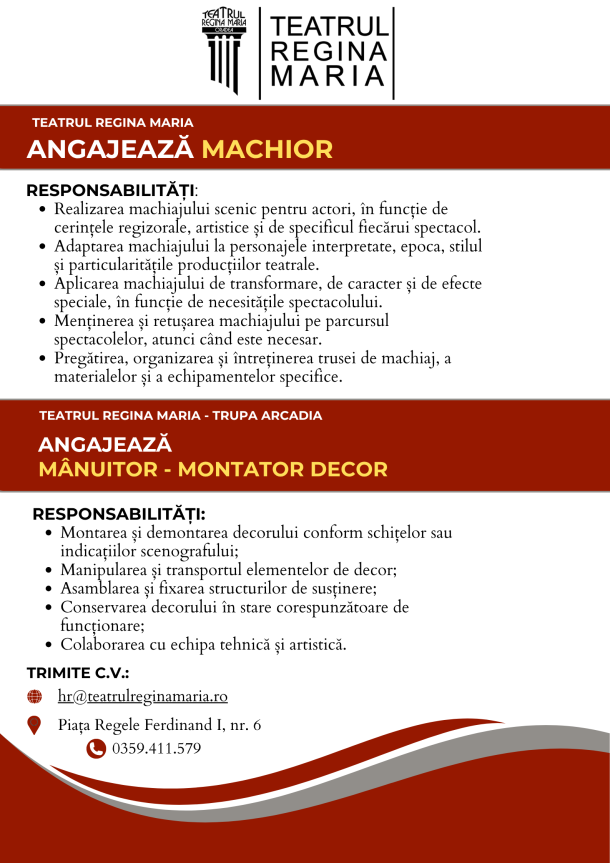 Teatrul Regina Maria job flyer announcing 'Angajează Machior' with responsibilities listed below.